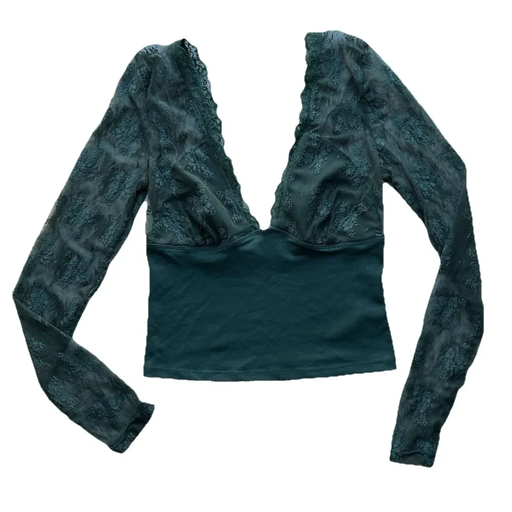 Free People Intimately Long Sleeve Lace Cami Top V-Neck Wireless Green Size S